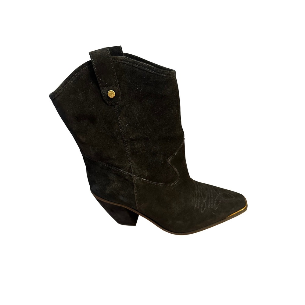Vince Camuto Abel Black Suede Western Booties Gold Toe Rand Size 8M VC-ABEL